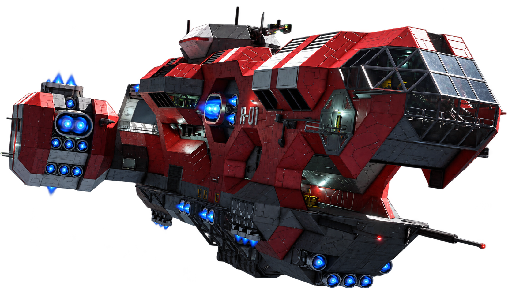 Red and white Space Engineers 2 ship with blue thrusters